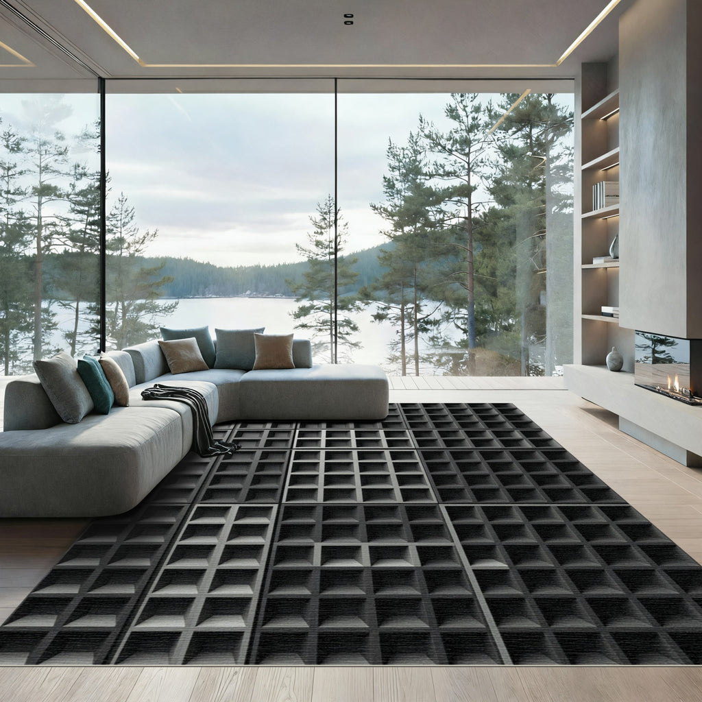 Minimalist Monochrome Grid Charcoal Rug