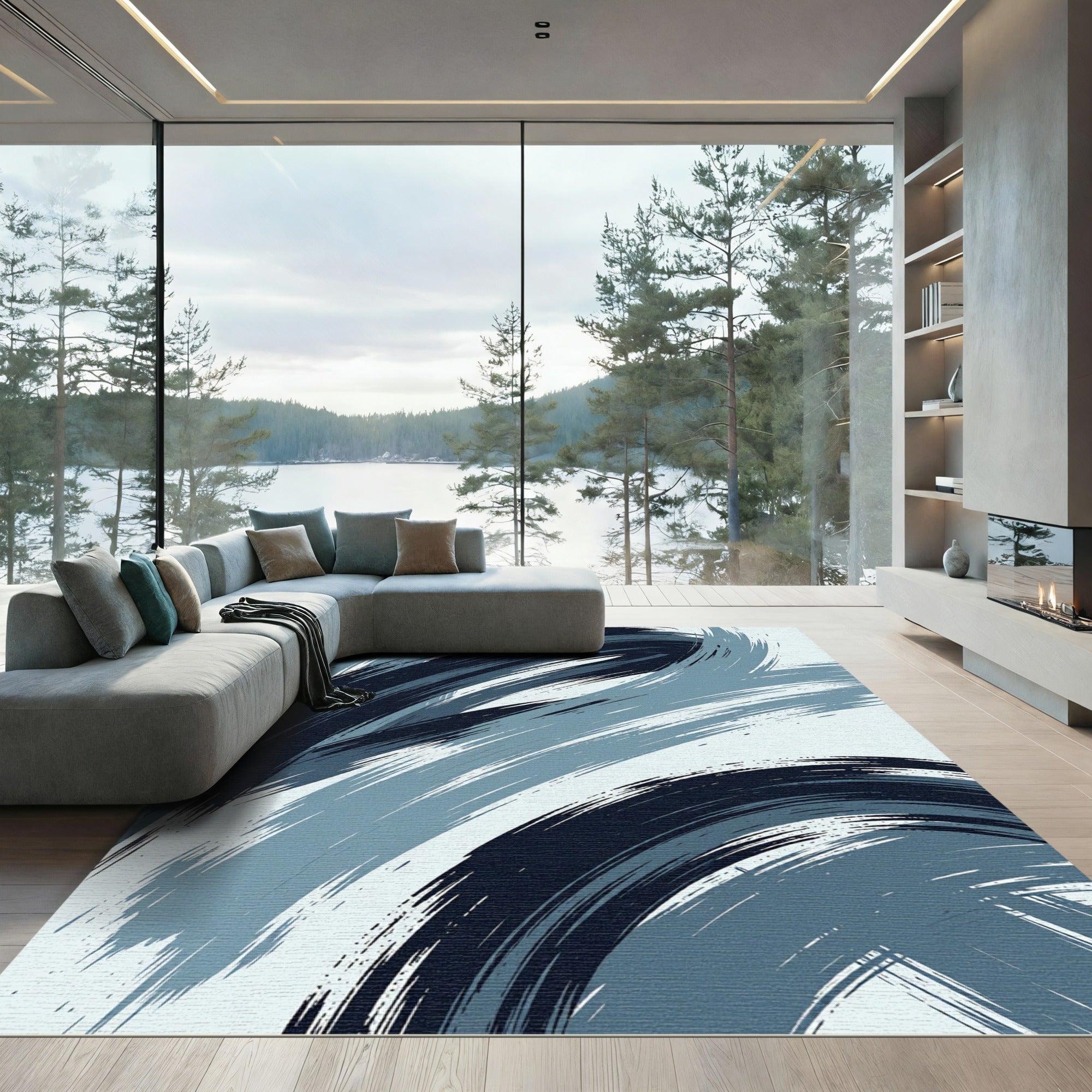 Modern Navy Blue Abstract Swirl Brushstroke Rug