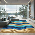 Coastal Blue and Sand Wavy Stripes Rug