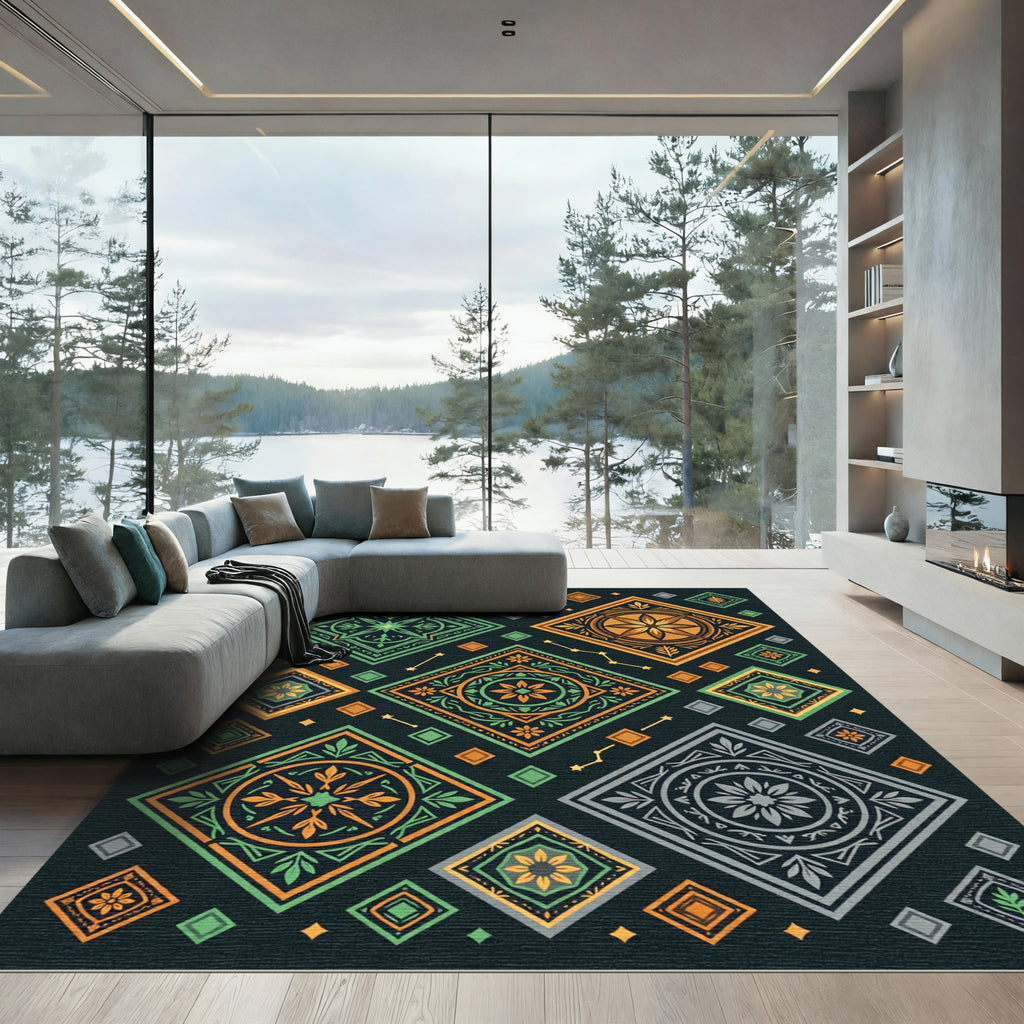 Green Orange Gray Diamond Medallion Rug
