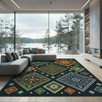 Green Orange Gray Diamond Medallion Rug