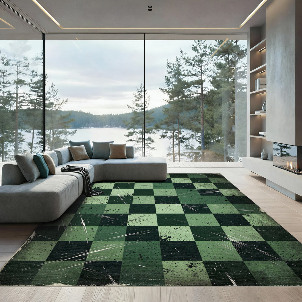 Distressed Green Checkerboard Grungy Rug