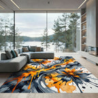 Abstract Golden Floral Ink Flow Rug