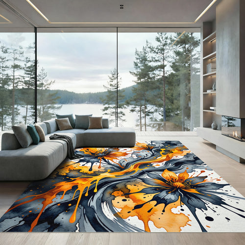 Abstract Golden Floral Ink Flow Rug