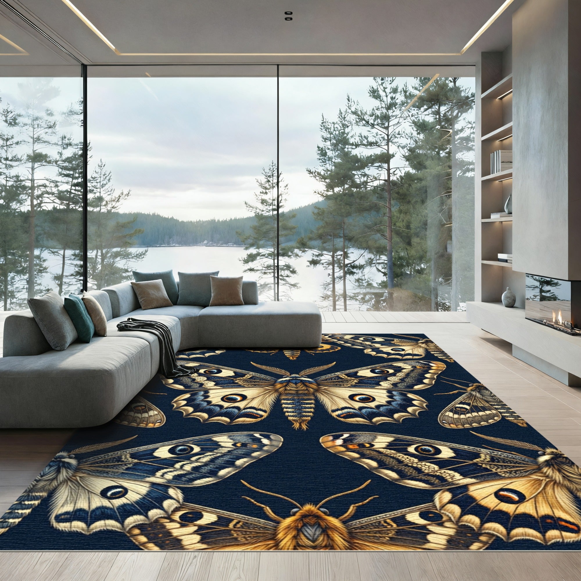 Whimsical Golden Butterfly Dark Navy Wallpaper Rug