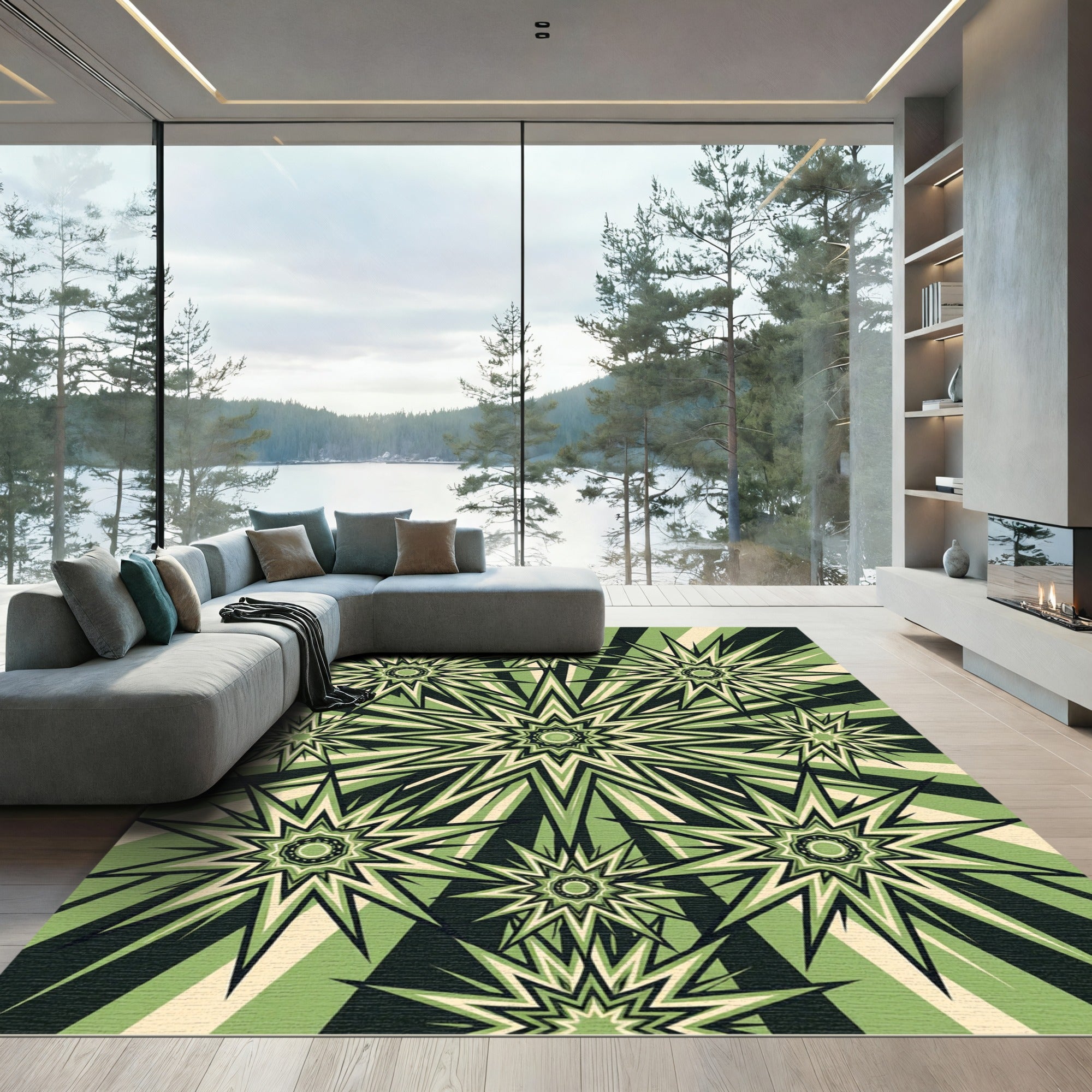 Modern Sage Burst Geometric Star Rug