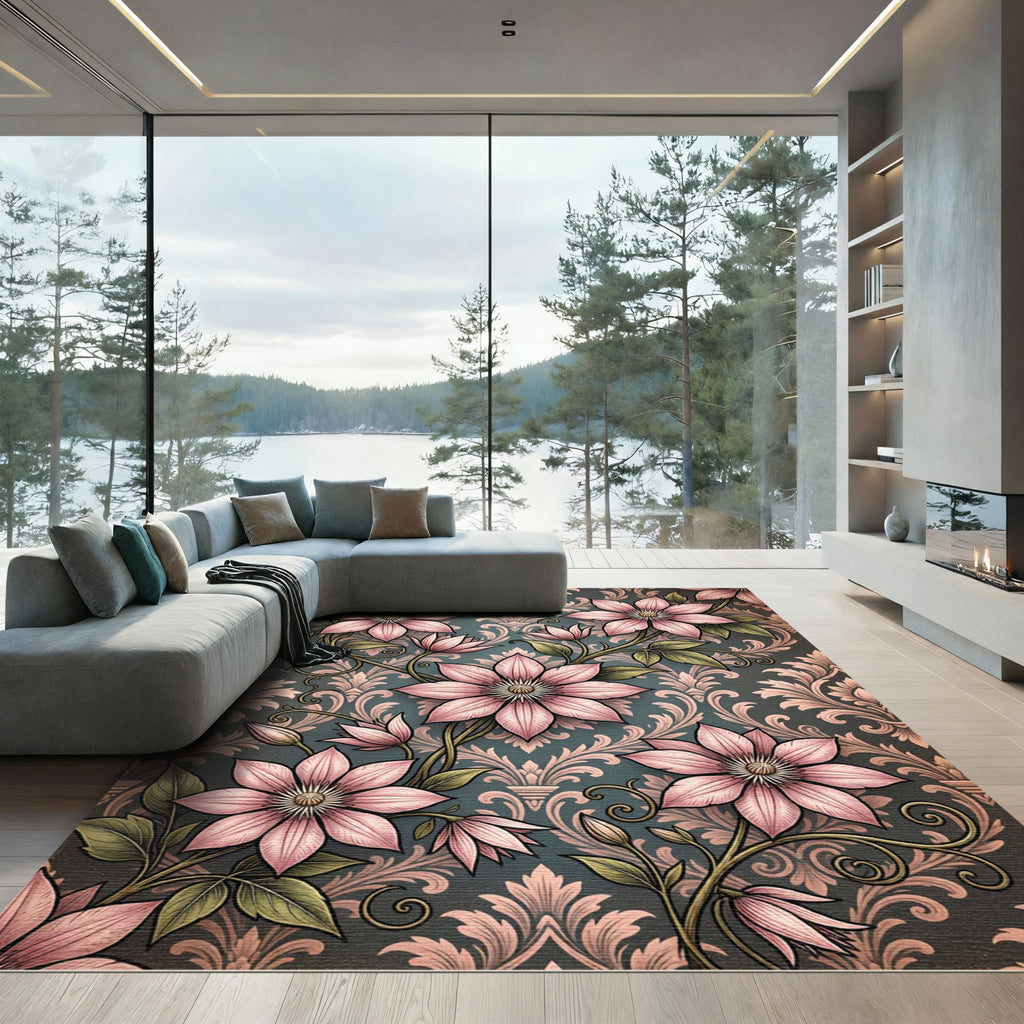 Elegant Pink Clematis Floral Damask Rug