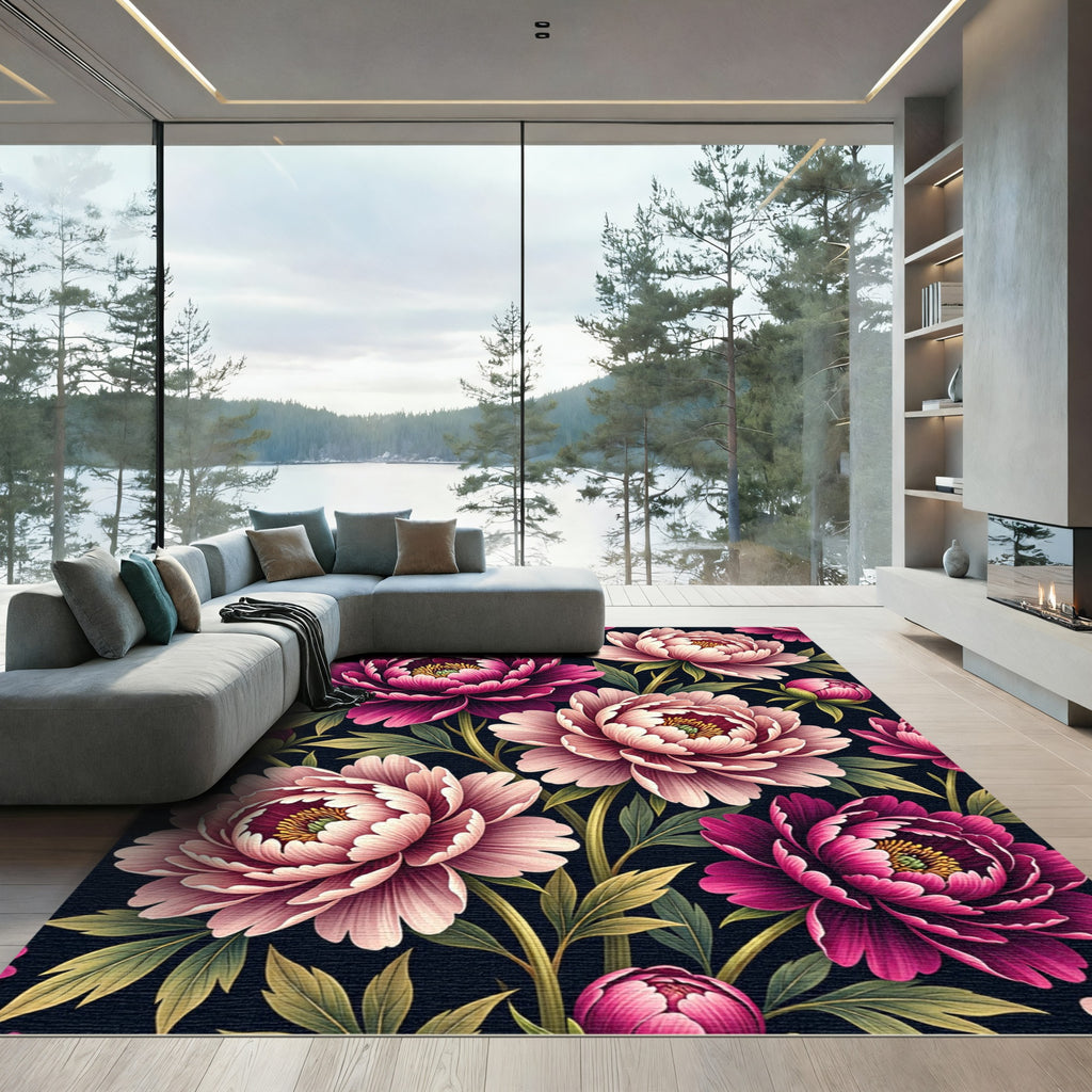 Vibrant Pink Peony Botanical Ink Illustration Rug