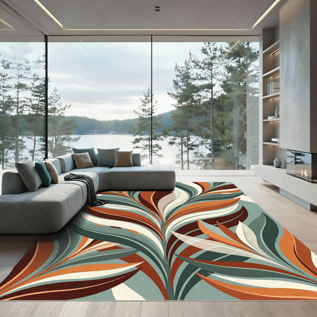 Botanical Mid Century Modern Leaf Art Rug