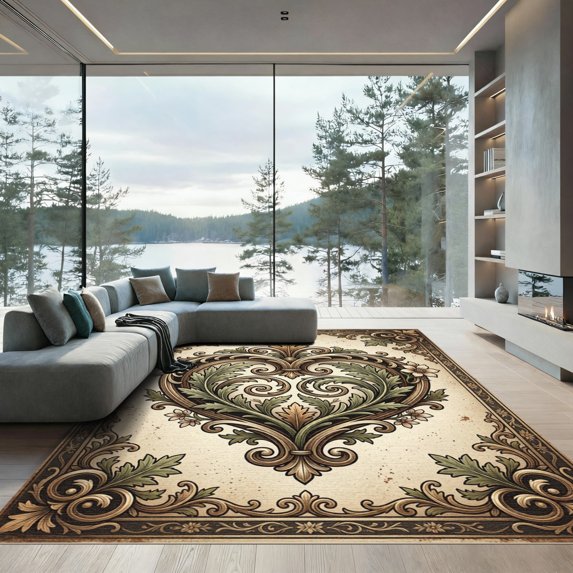 Elegant Ornate Heart Scroll Tapestry Rug