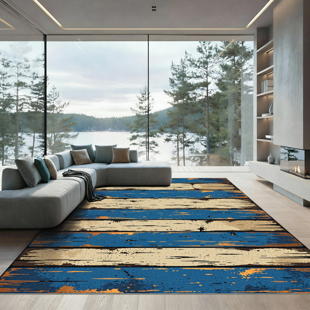 Rustic Blue and Tan Striped Plank Rug