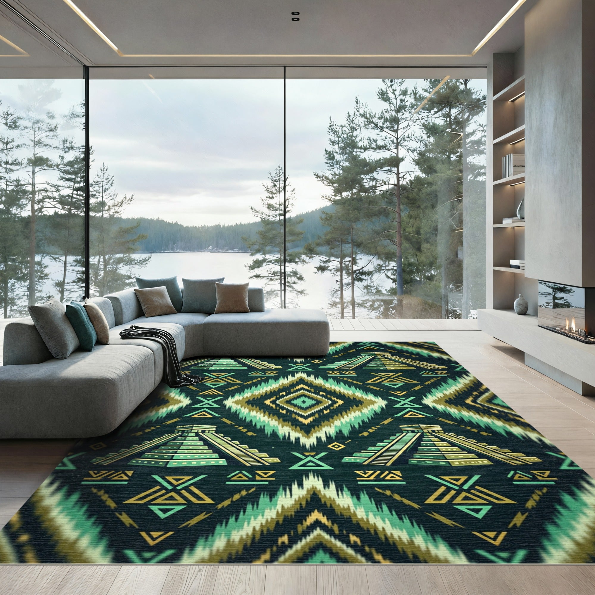Aztec Pyramid Teal and Gold Ikat Rug