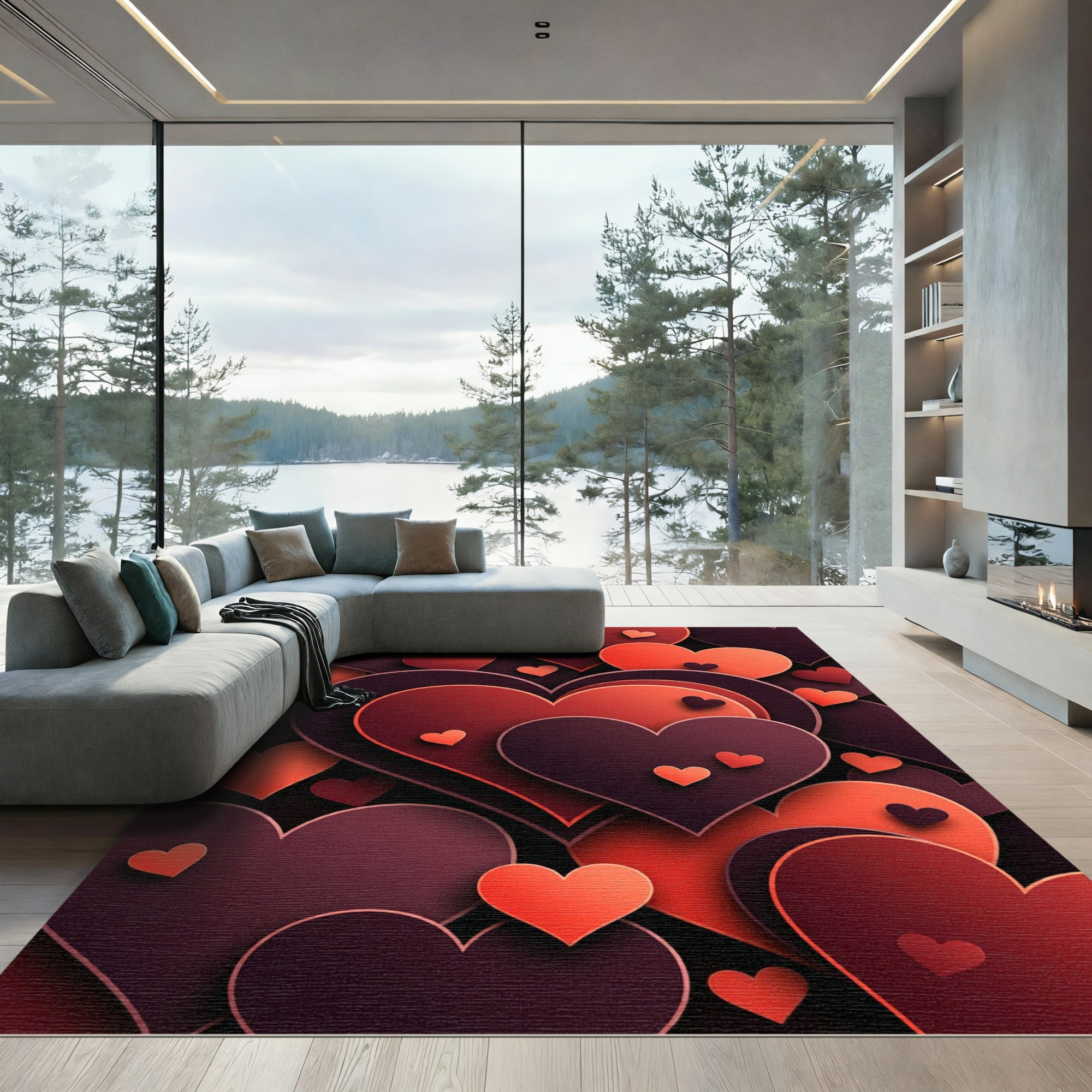 Layered Crimson Heart Abstract Art Rug