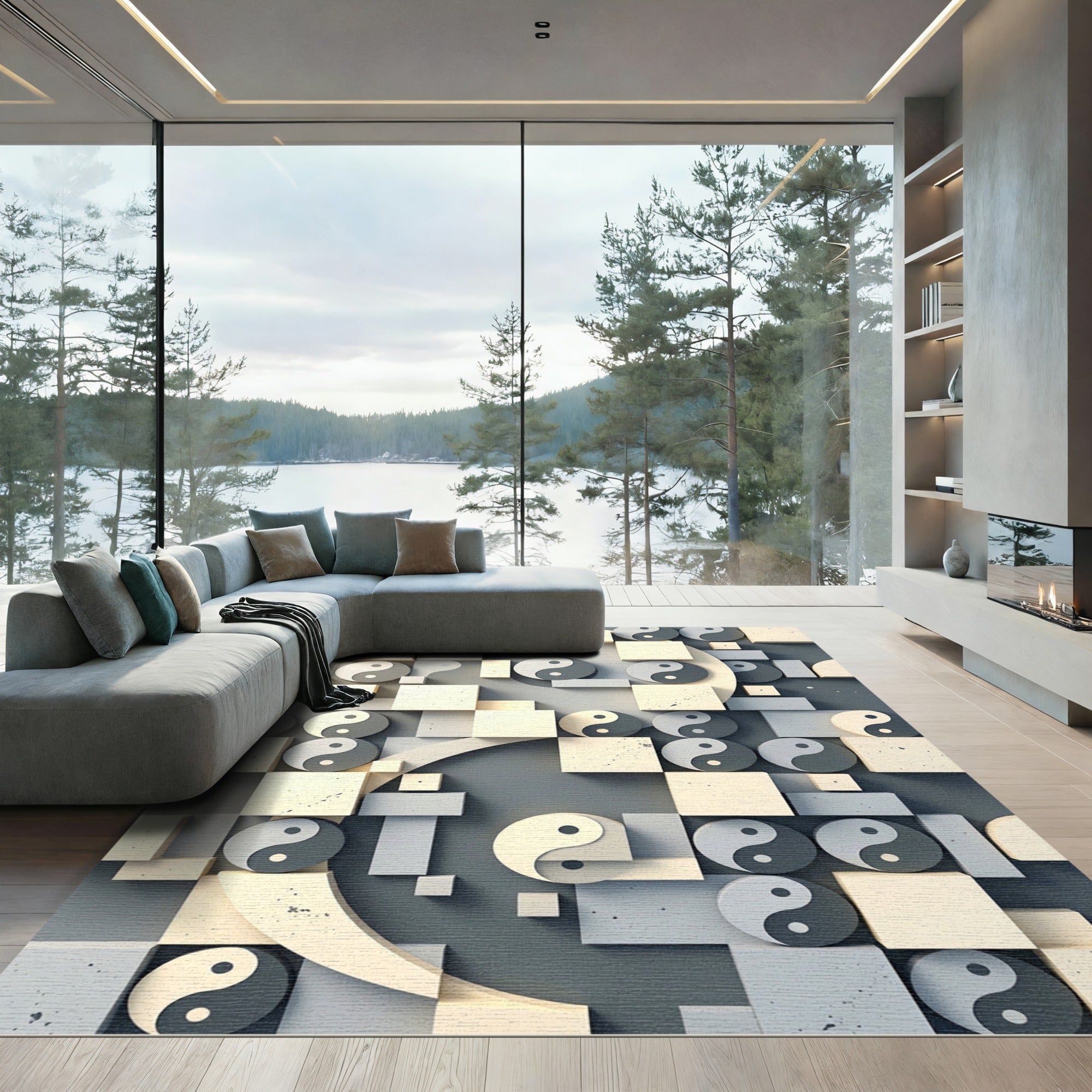 Gray Yin Yang Geometric Arrangement Rug