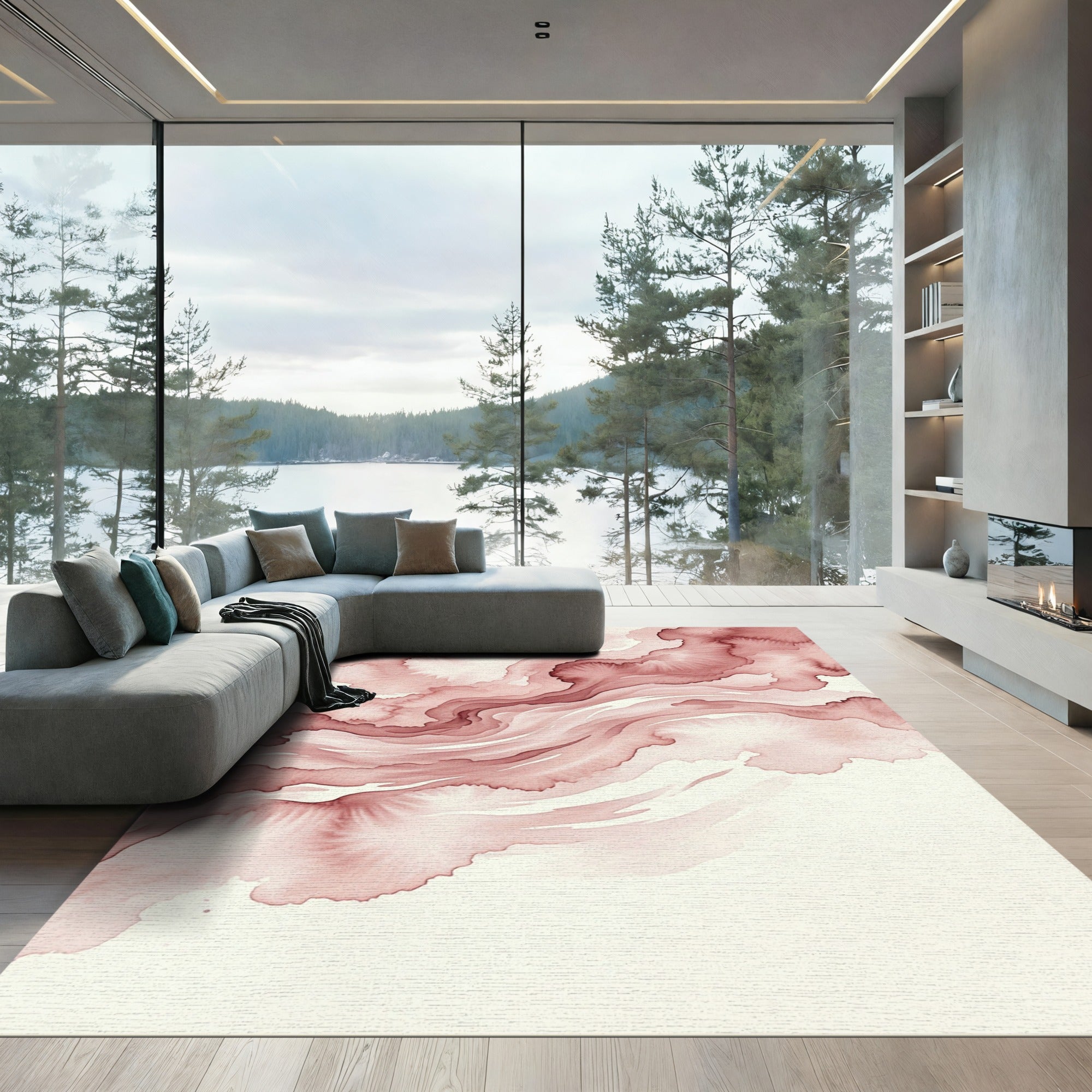 Crimson Watercolor Fluid Swirl Rug