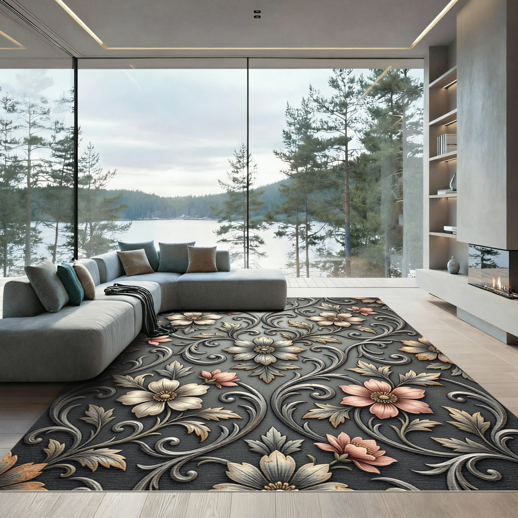 Elegant Floral Scrollwork Gray Rug
