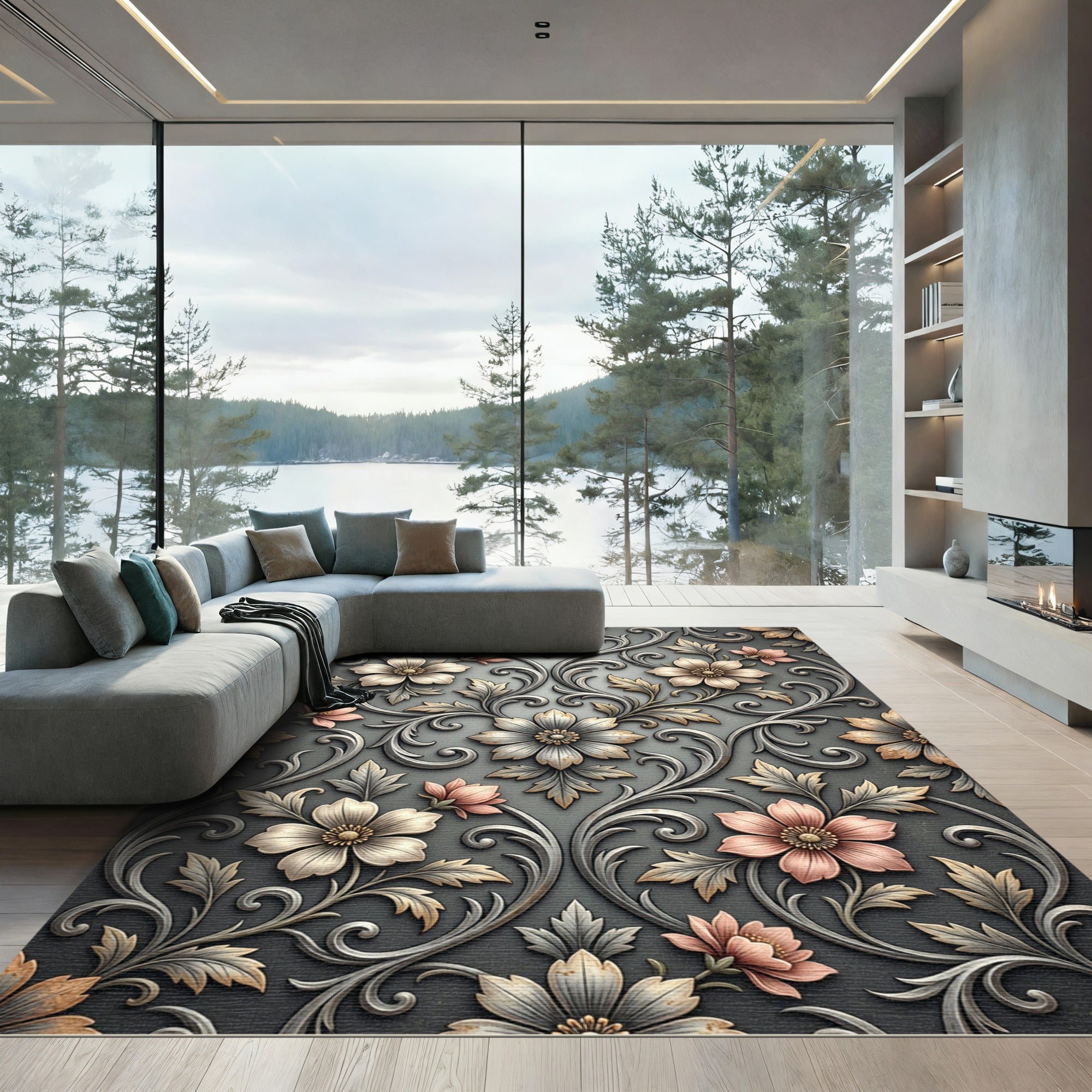 Elegant Floral Scrollwork Gray Rug