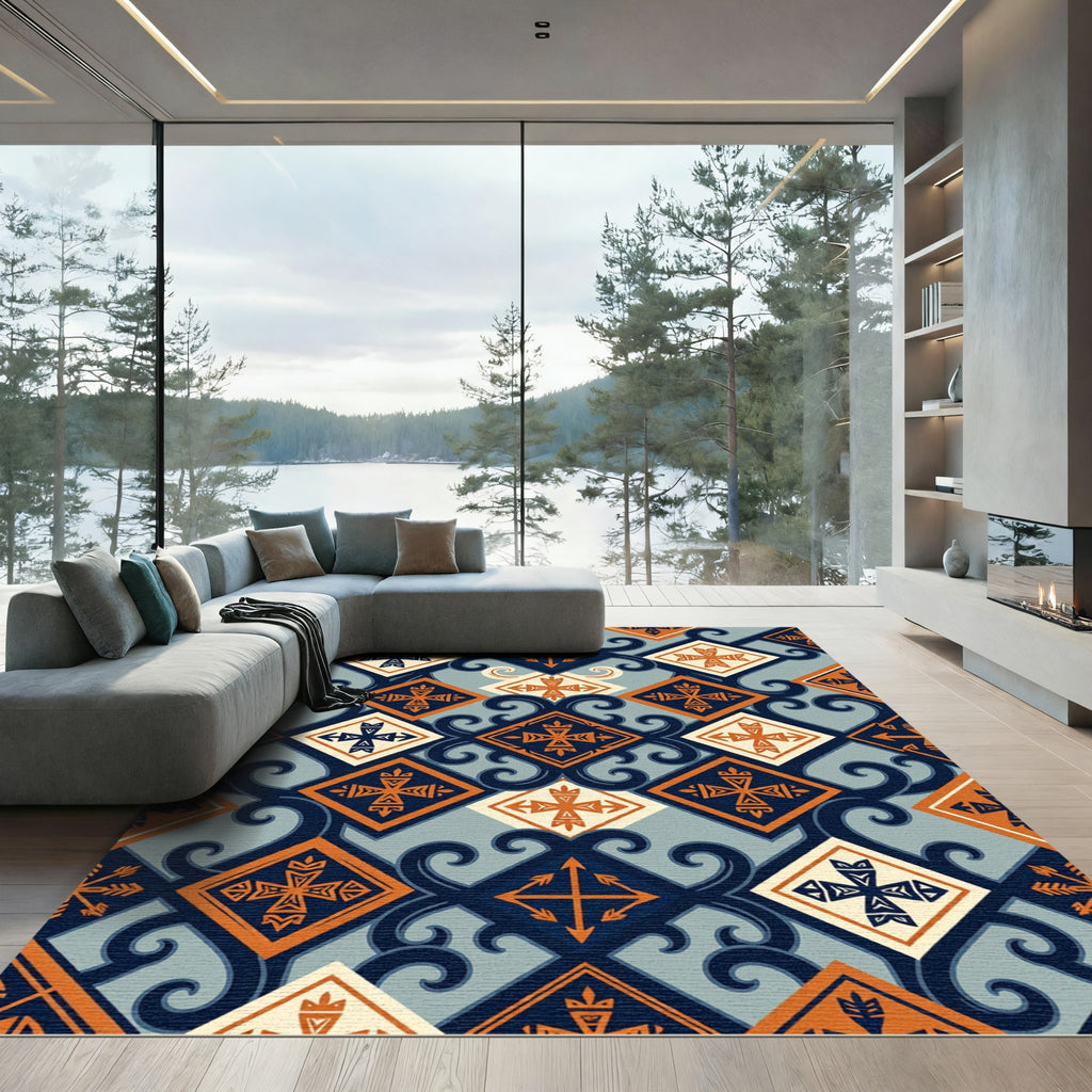 Geometric Teal and Orange Scroll Rug