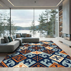Geometric Teal and Orange Scroll Rug