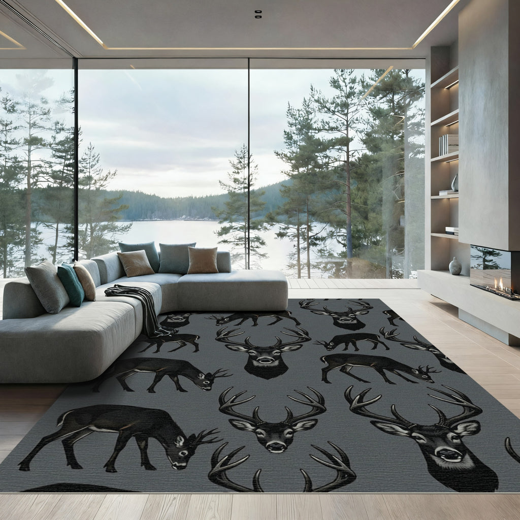 Majestic Black Deer Heads Wildlife Repeat Rug