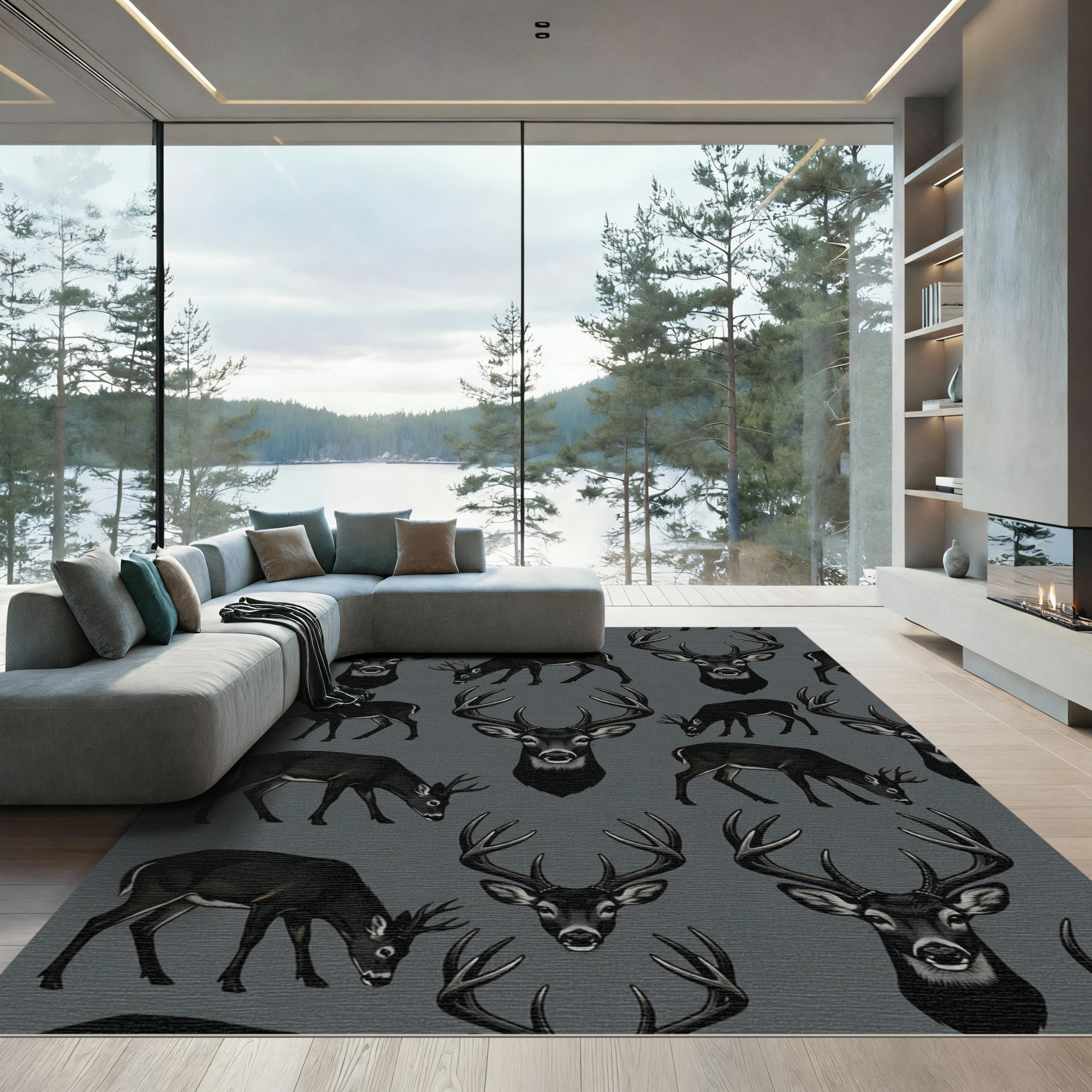 Majestic Black Deer Heads Wildlife Repeat Rug