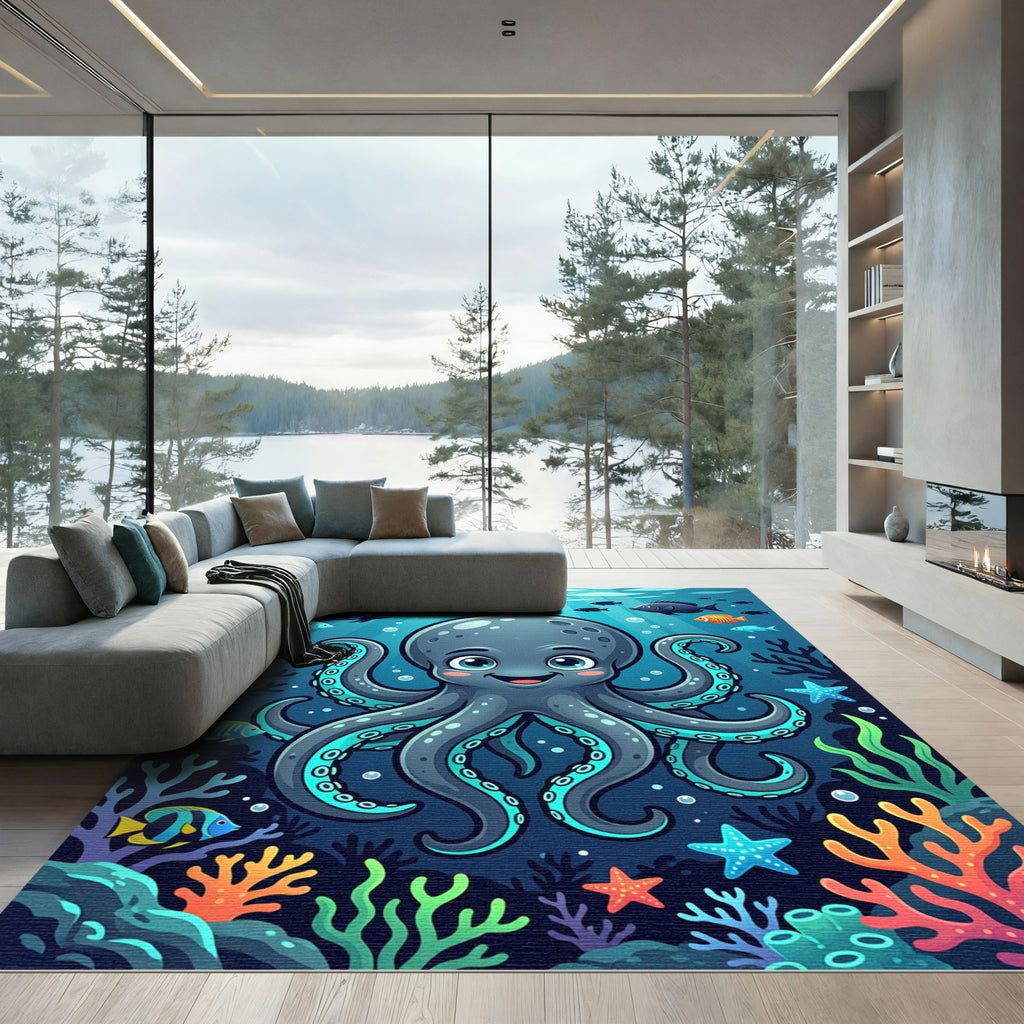 Cute Deep Sea Octopus Coral Reef Rug