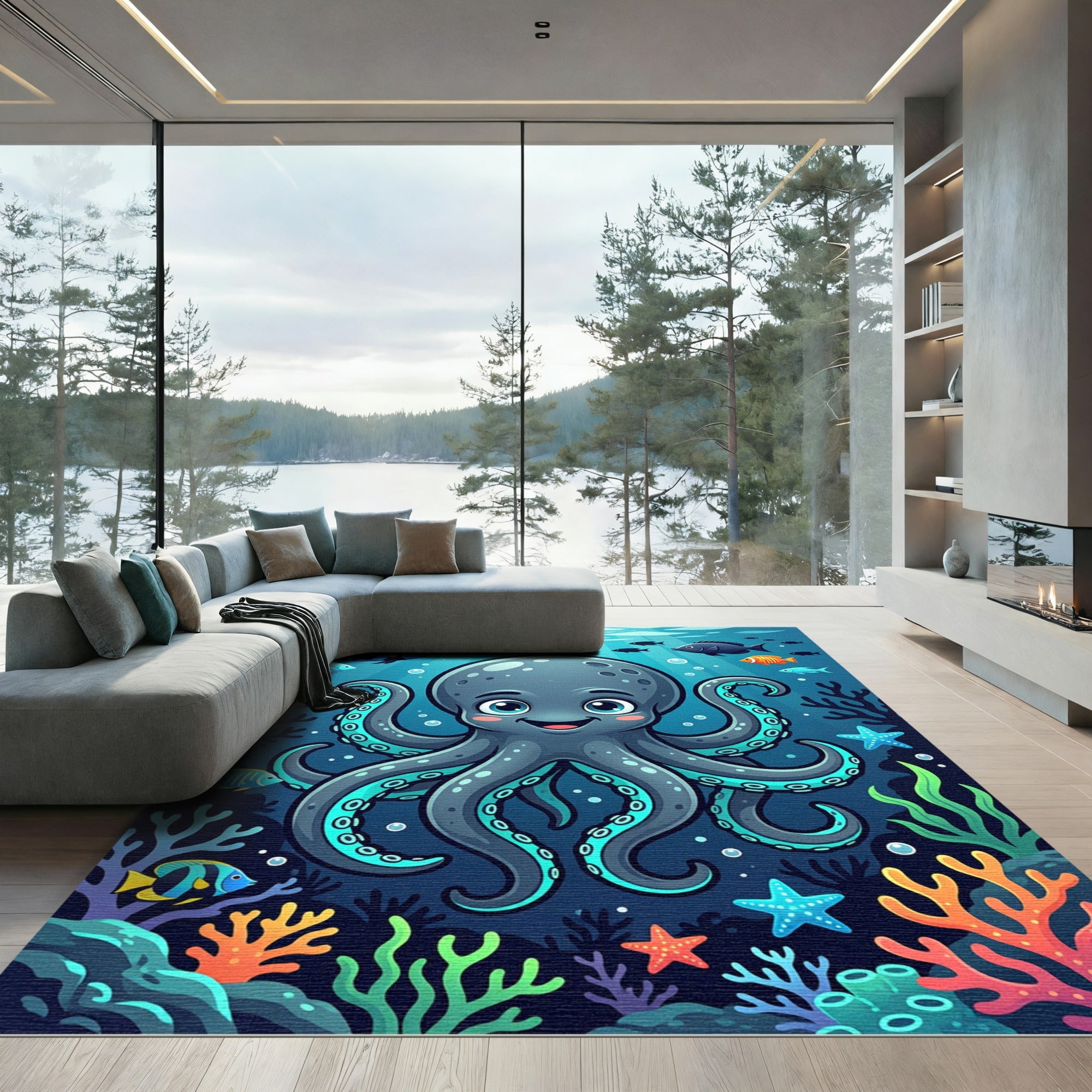 Cute Deep Sea Octopus Coral Reef Rug