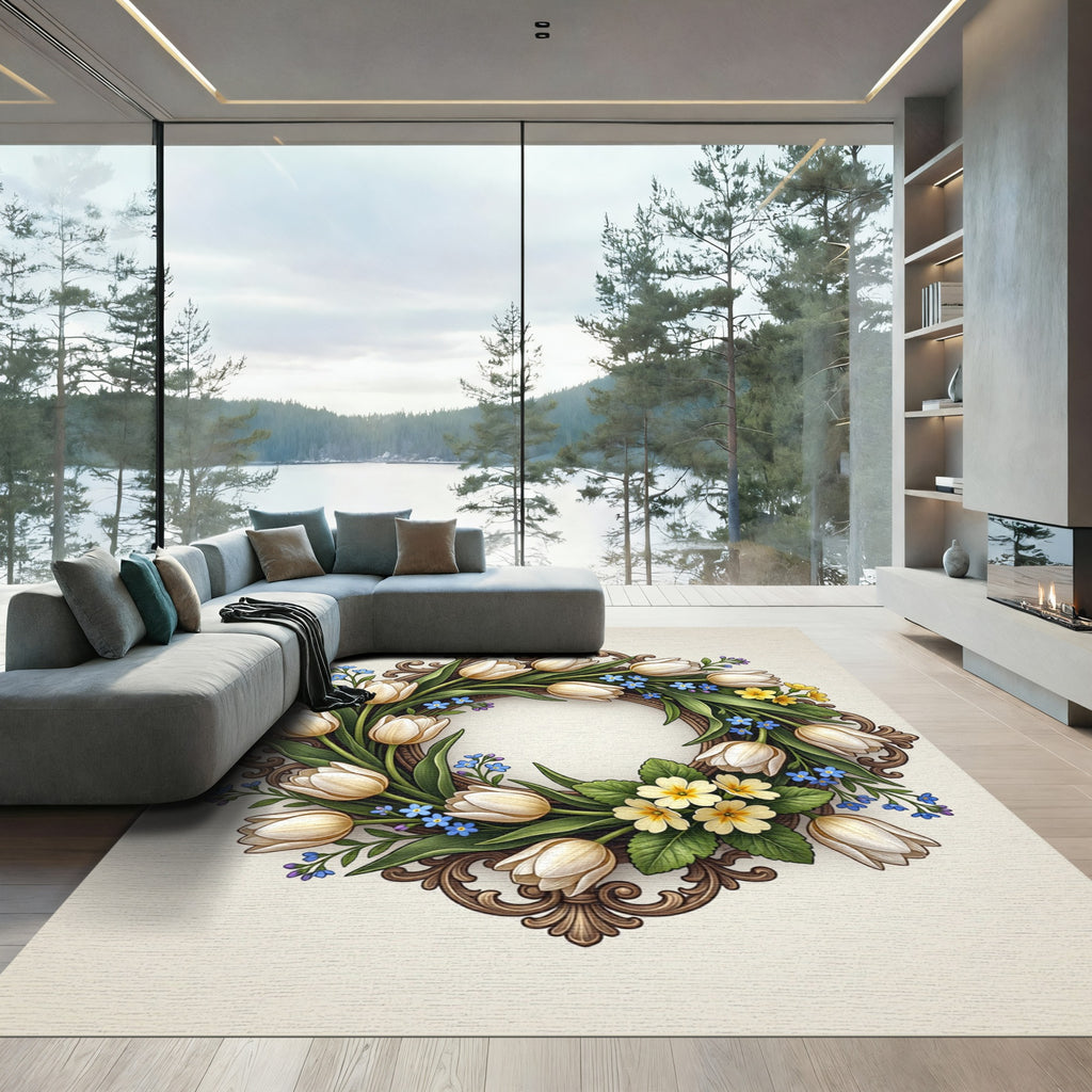 Cream Tulip and Primrose Oval Wreath Rug