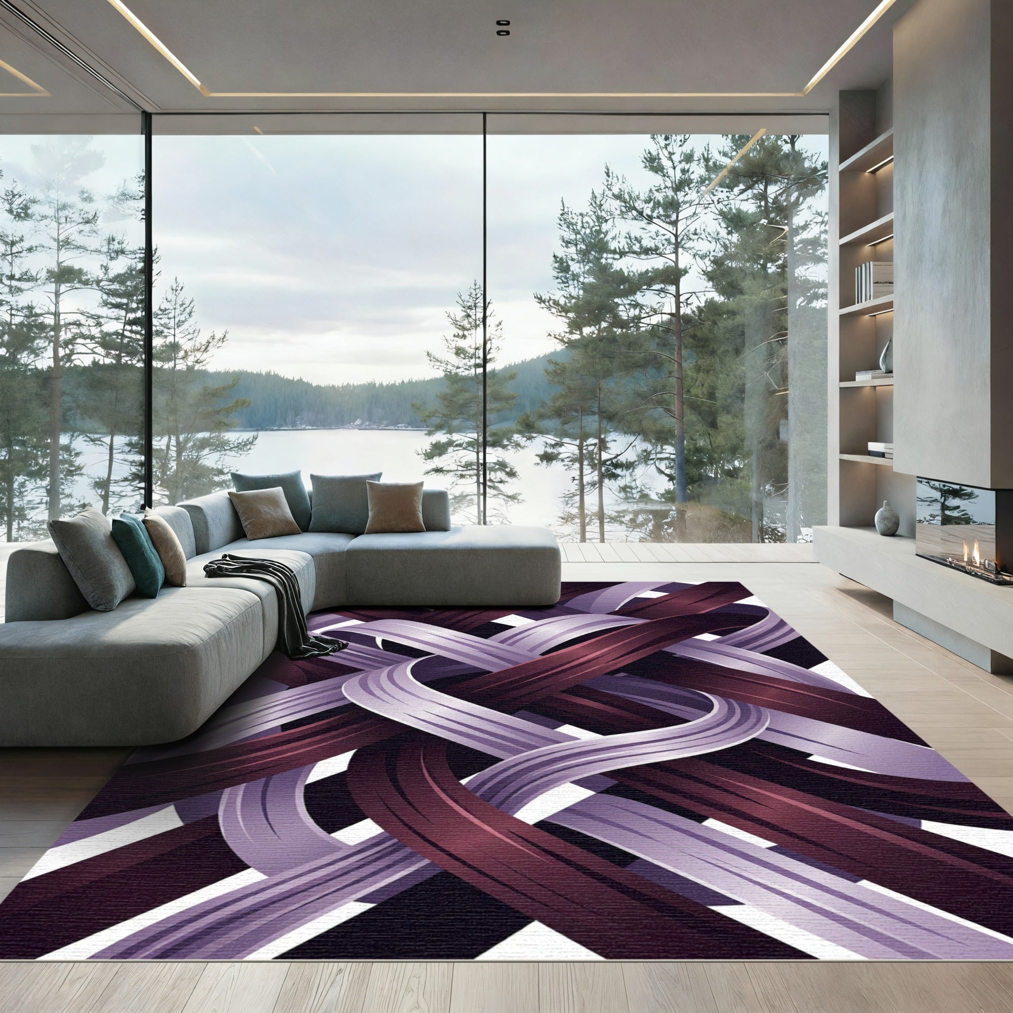 Interwoven Plum and Lavender Abstract Swirls Rug