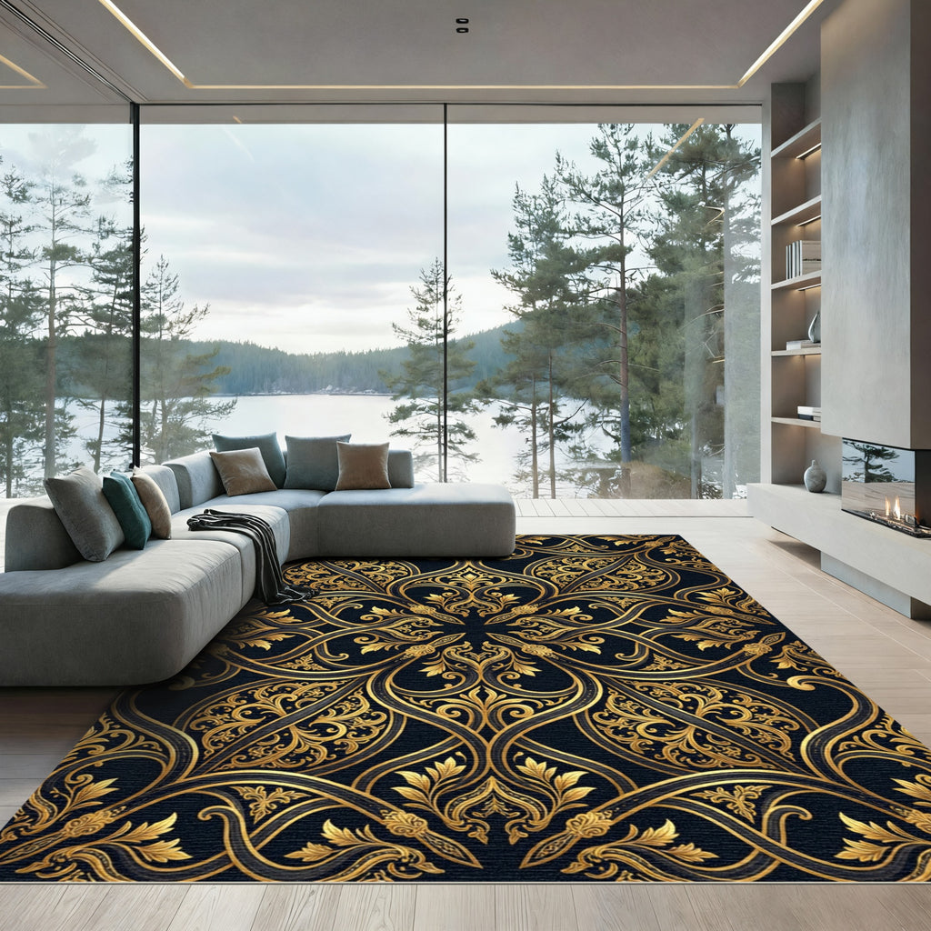 Gilded Black Ornate Scrollwork Rug