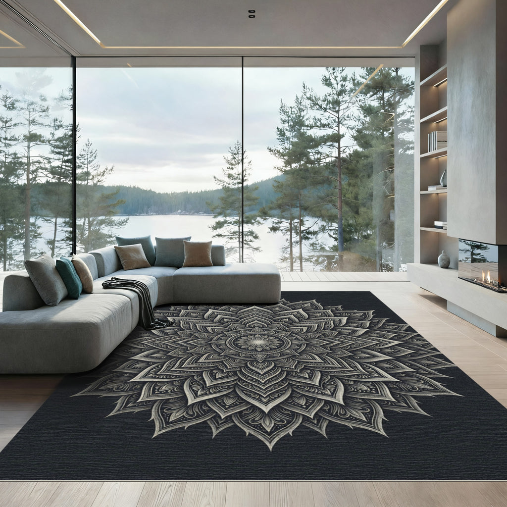 Monochrome Paisley Mandala Circular Art Rug