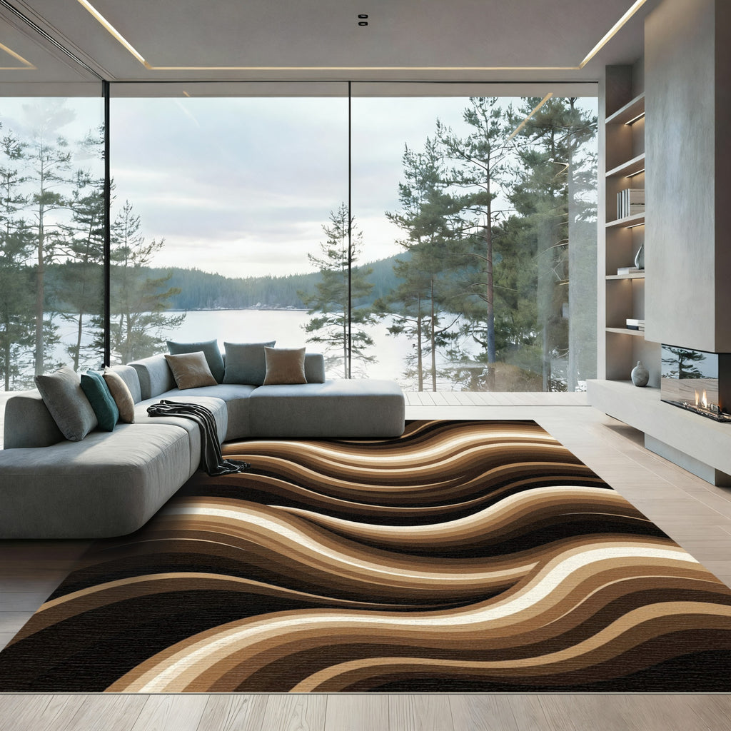 Modern Abstract Sepia Wave Art Rug