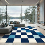 Modern Navy Checkered Abstract Wave Block Rug