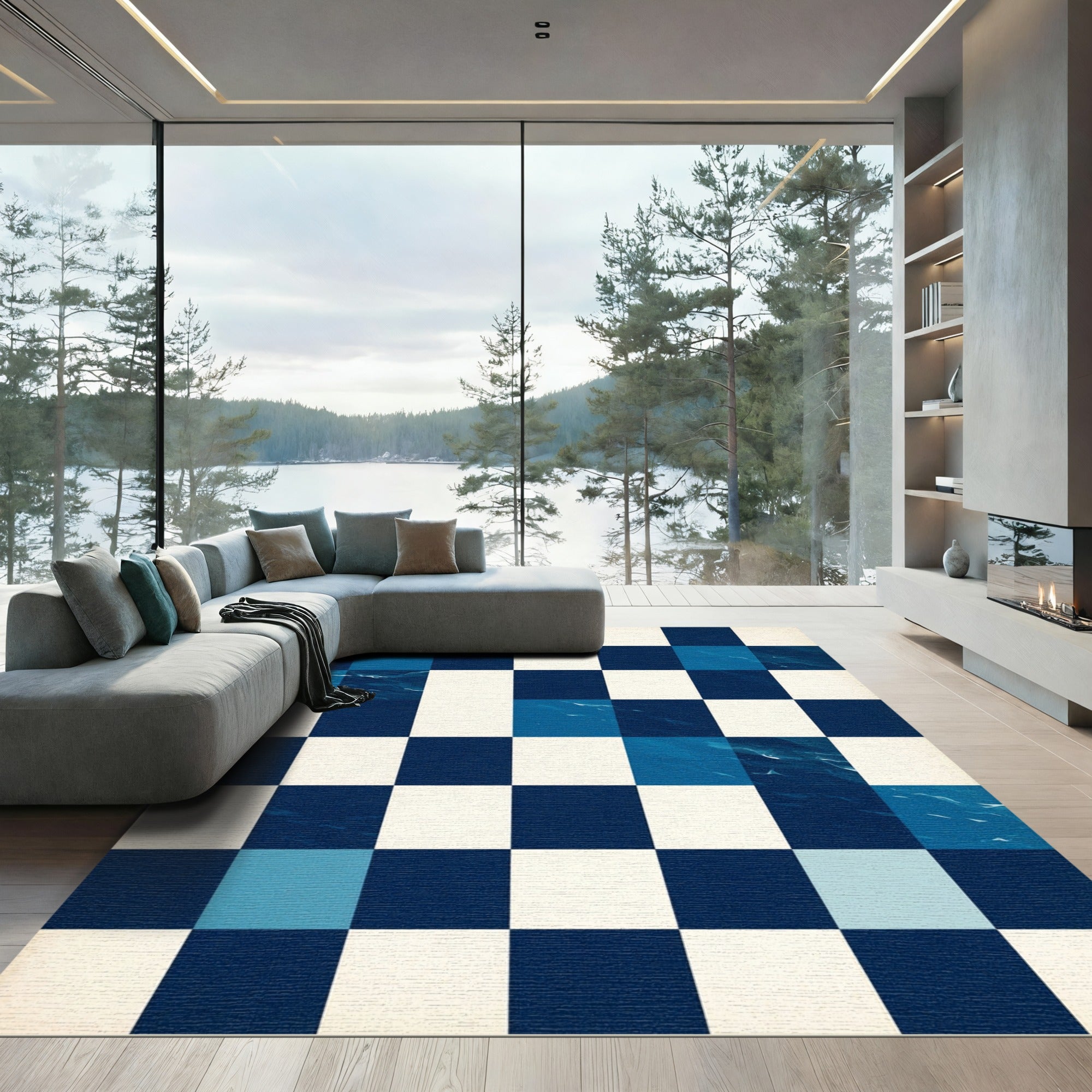 Modern Navy Checkered Abstract Wave Block Rug