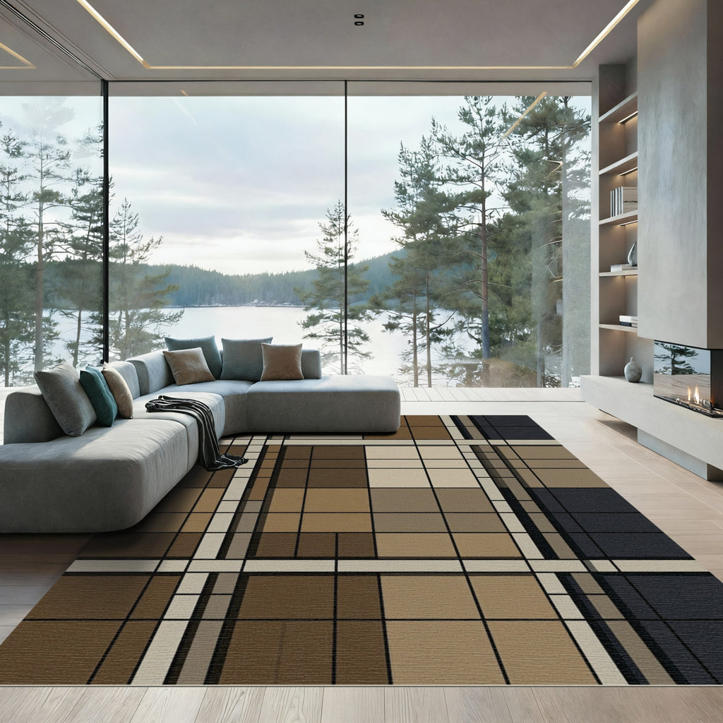 Earthy Plaid Beige Brown Squares Rug