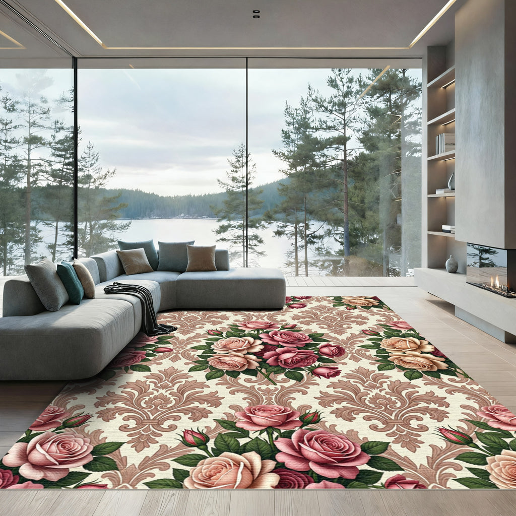 Romantic Pink Rose Damask Scroll Rug