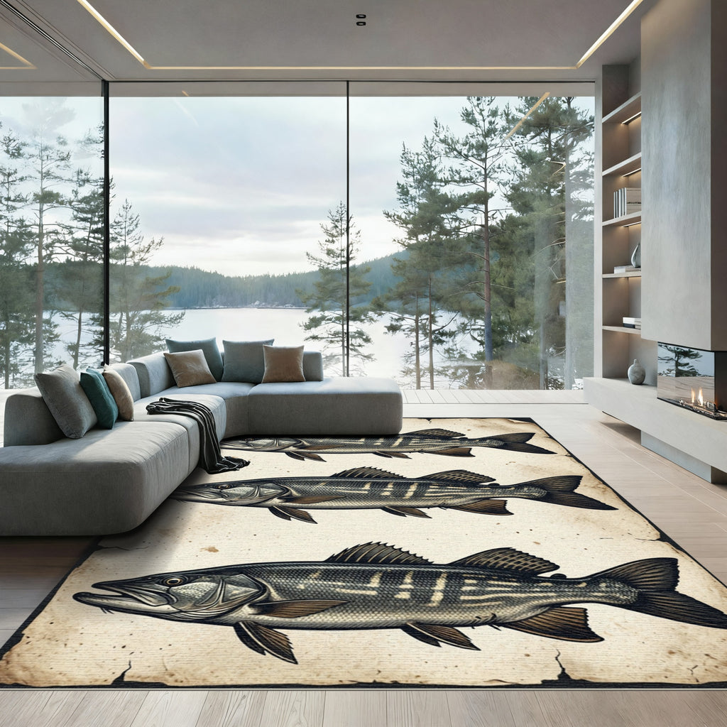 Vintage Gray Pike Fish Illustration Rug