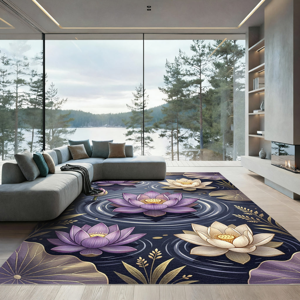 Purple and Cream Lotus Blossoms Pond Rug