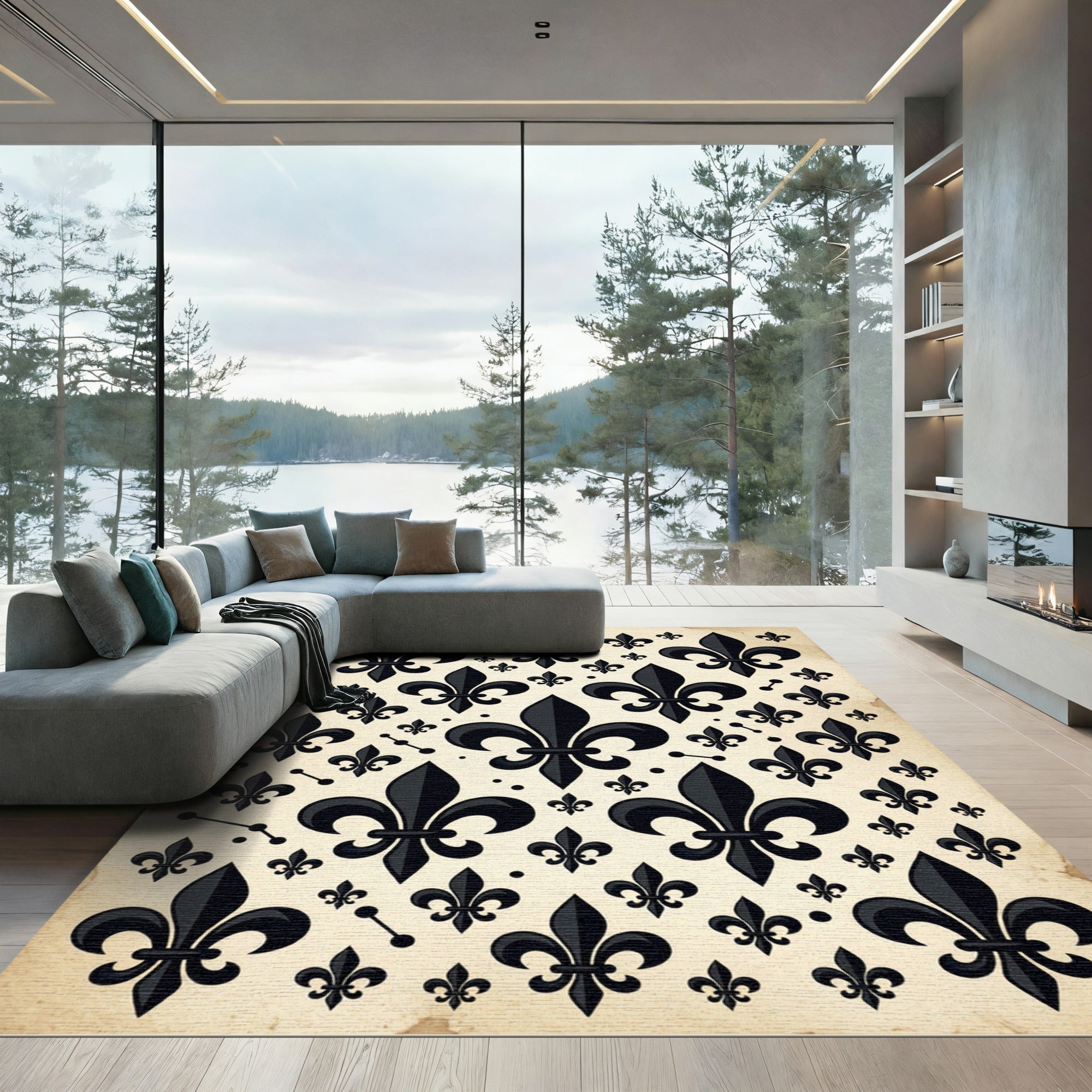 Black Fleur-de-lis Antique Cream Backdrop Rug