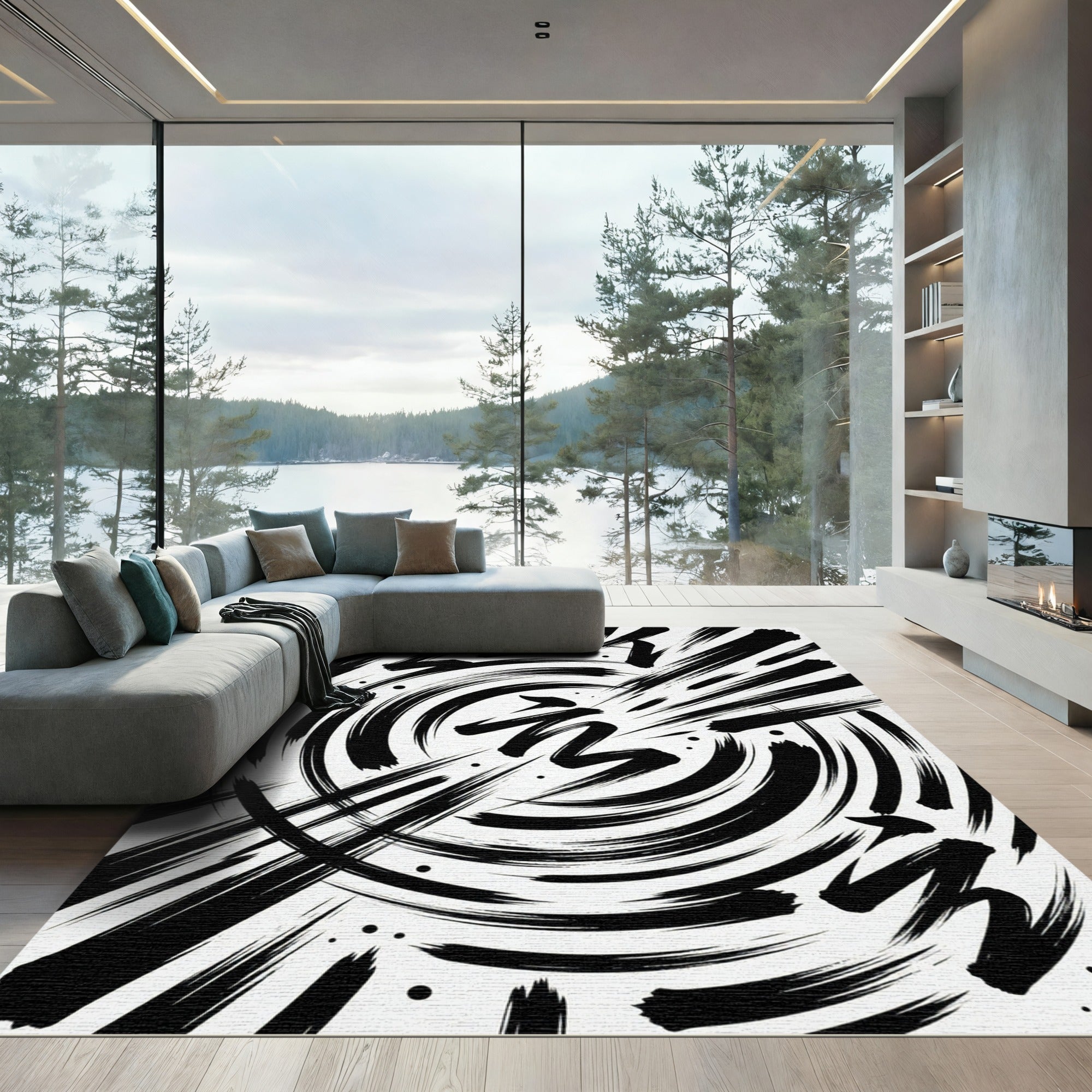 Bold Black Brushstroke Swirl Rug