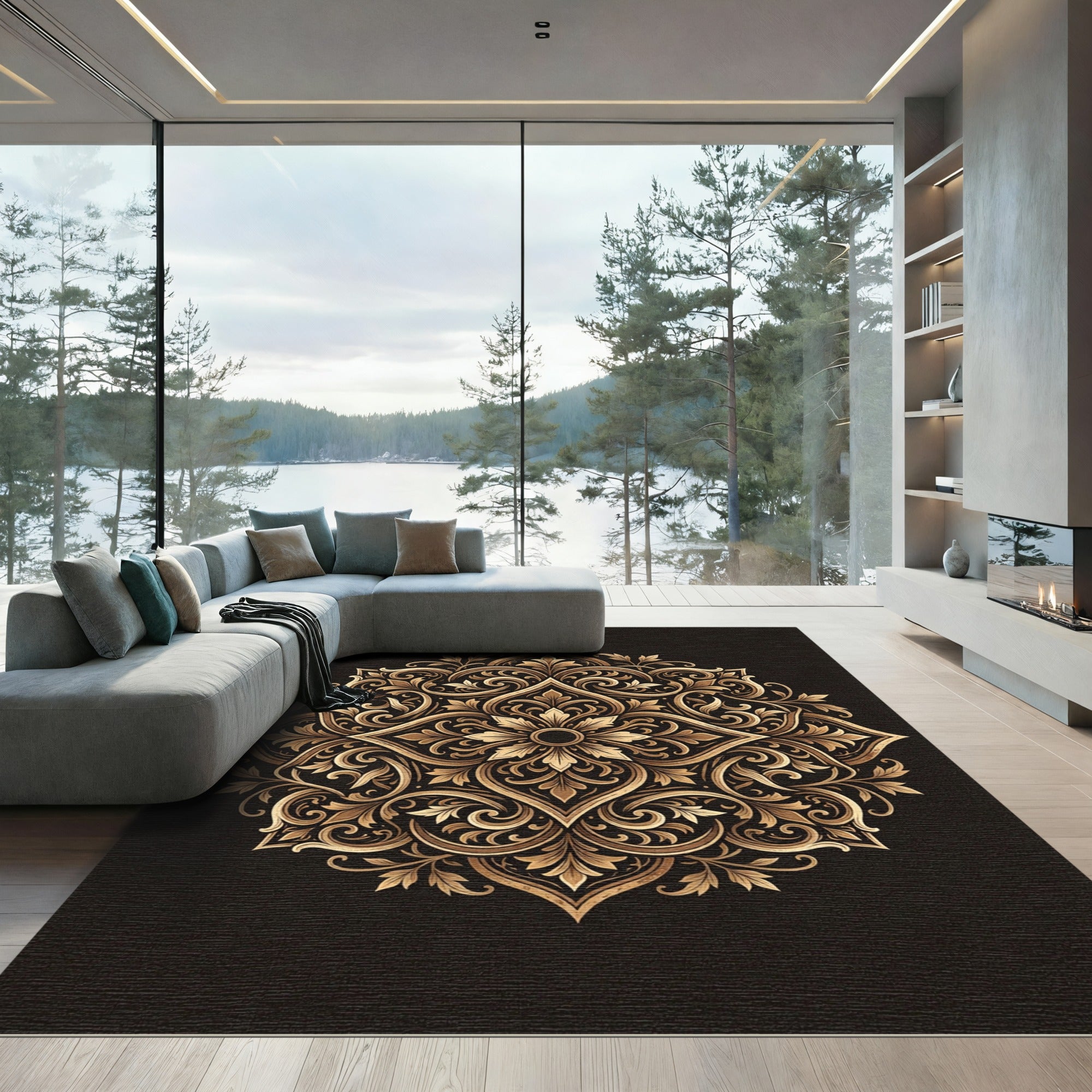 Elegant Gold Floral Mandala Scroll Rug