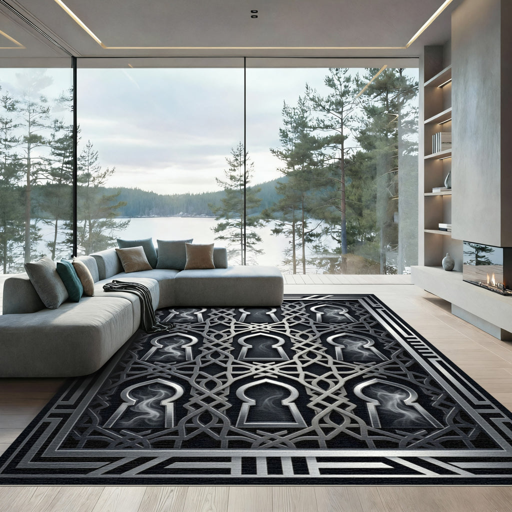 Silver Geometric Arch Lattice Metallic Rug