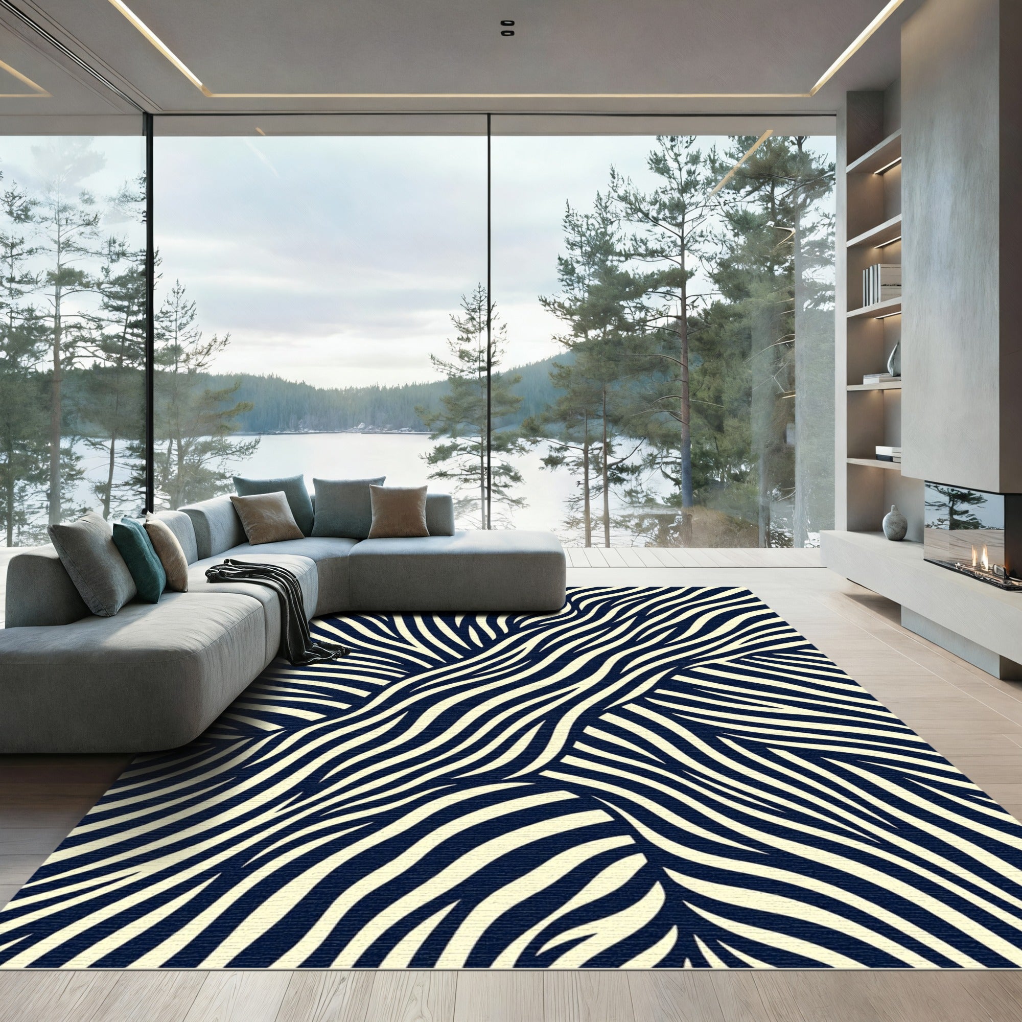 Abstract Navy and Cream Flowing Waves Rug