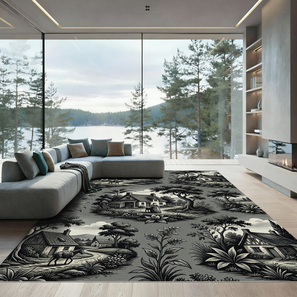 Monochrome Pastoral Toile Countryside Landscape Rug