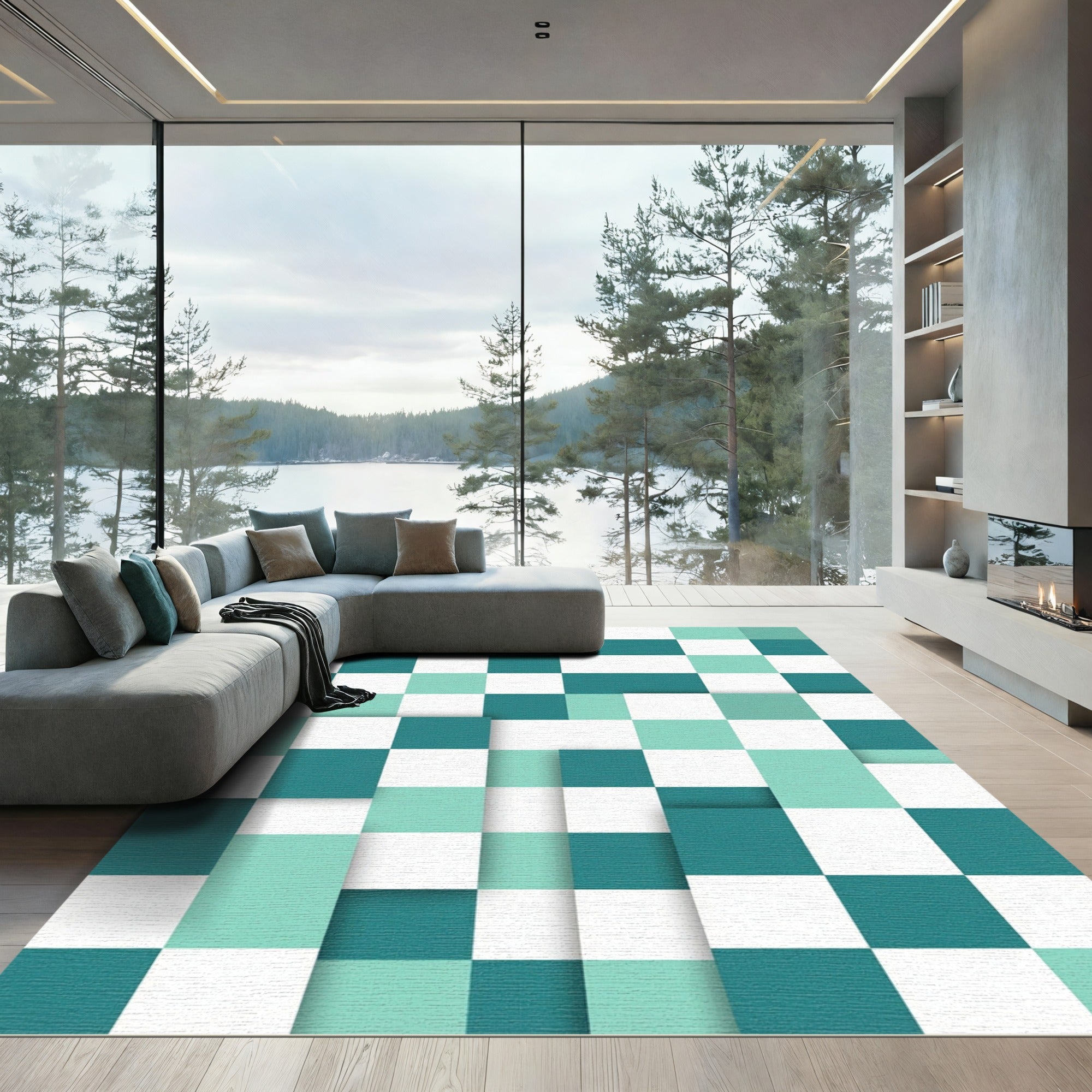 Modern Teal and Mint Grid Block Rug
