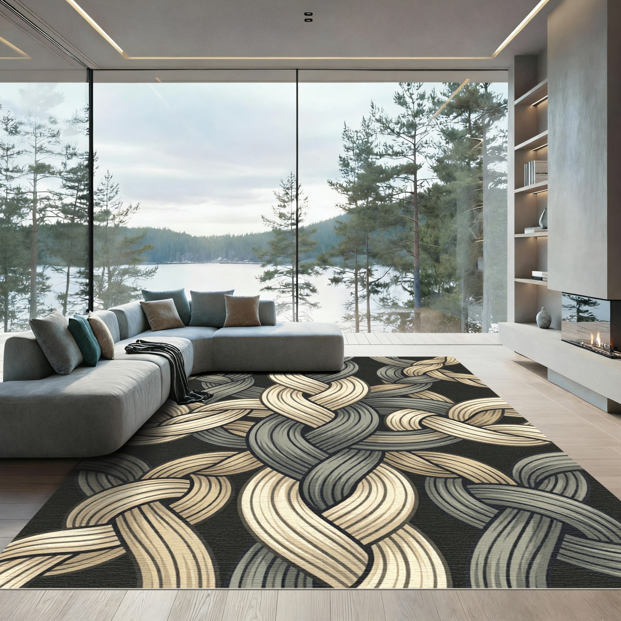 Interlocking Cream and Slate Braided Twist Rug