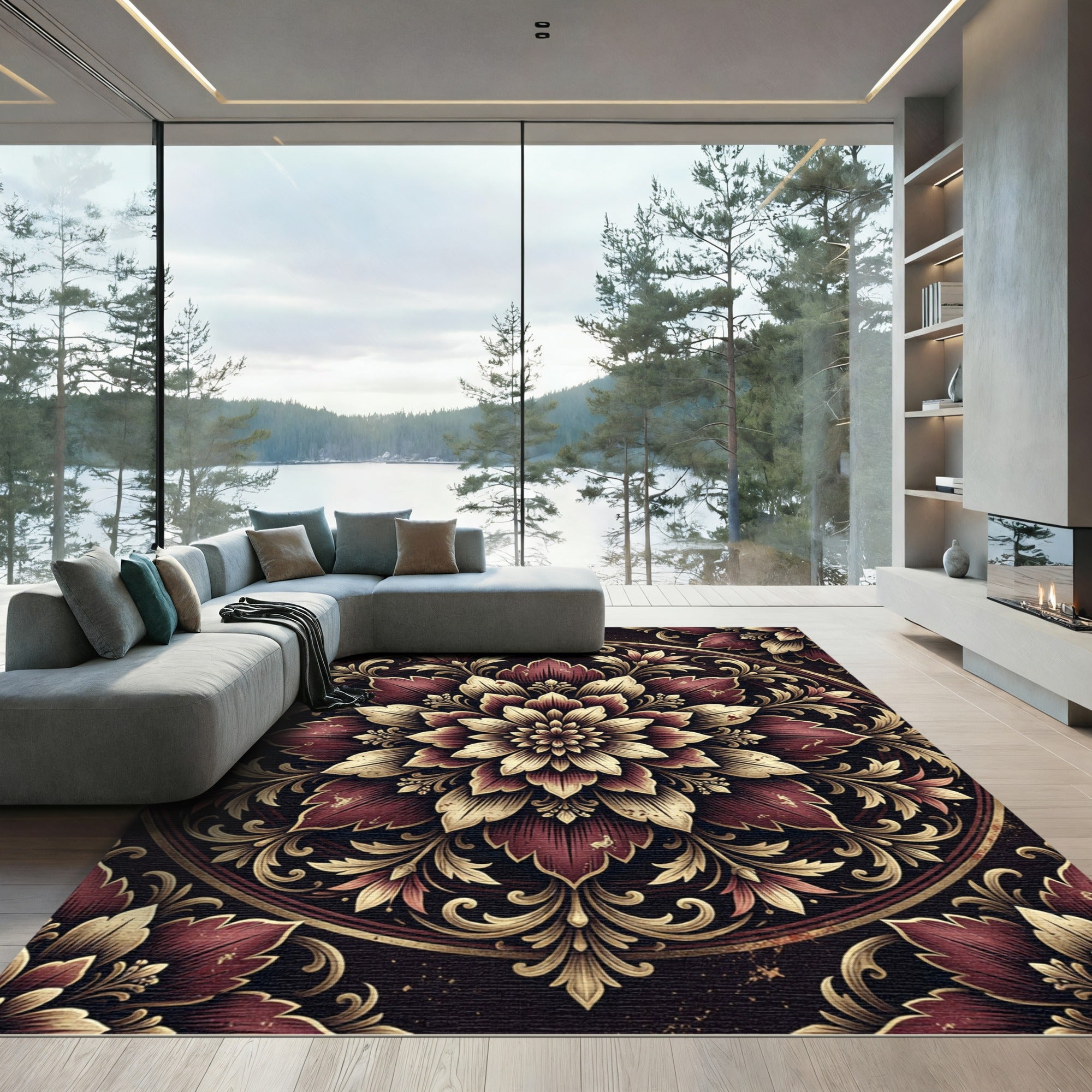 Ornate Burgundy and Gold Floral Medallion Rug