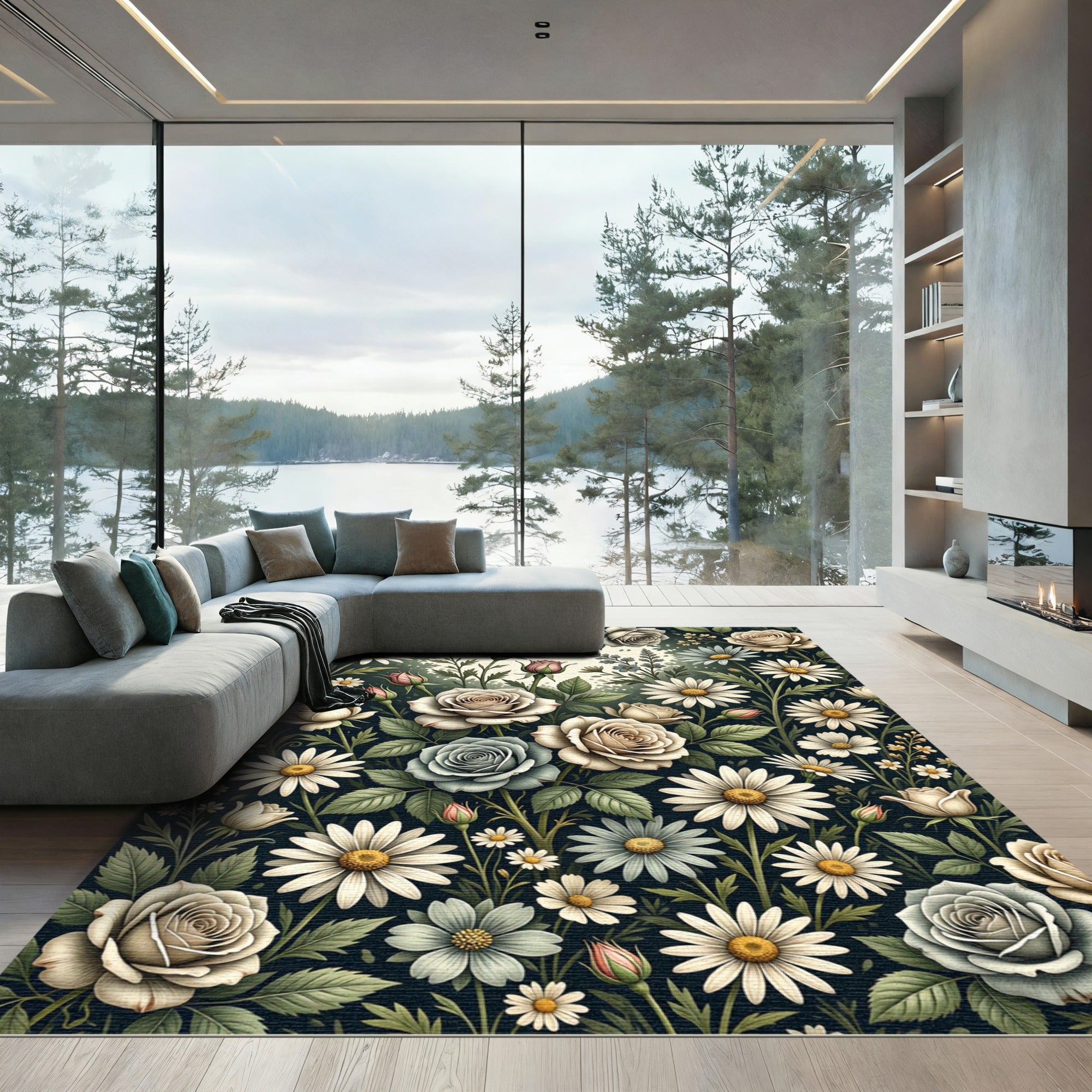 Botanical Cream Rose and Daisy Meadow Rug