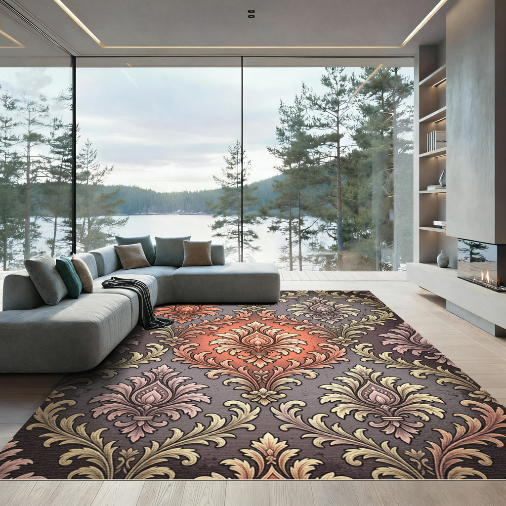 Coral And Gold Acanthus Scroll Rug