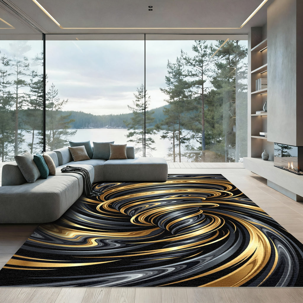 Swirling Golden Black Abstract Vortex Rug